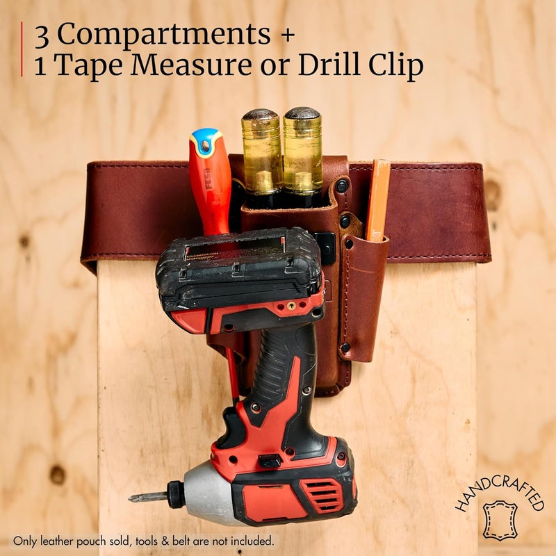 fesa Small Leather Tool Pouch - 4-in-1 Heavy Top Grain Leather Small Tool Pouch with a Tape Measure Holder, 3 Pockets & Reinforced Heavy Duty Rivets - Fits Belts up to 3" - Handcrafted - Image 4